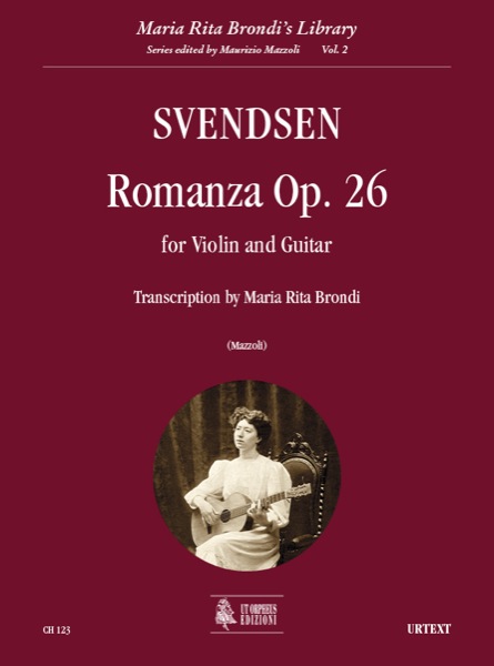 ֍ JOHAN SVENDSEN:
«ROMANZA» Op. 26 per Violino e Chitarra
Trascrizione di Maria Rita Brondi
Curatore: MAURIZIO MAZZOLI
-Editore: Ut Orpheus
Codice: CH 123
°
-Classical Guitar Magazine (November 2011)
Johan Severin Svendsen was a Norwegian composer born in the 19th century who composed symphonies,concertos, chamber music, songs and a ballet amongst other works. Possibly his most famous work is his opus 26 originally for violin and orchestra, here transcribed in 1907 by Maria Rita Brondi who had just returned from her studies with Francisco Tarrega ... An absolute stunner for any higher-intermediate standard duo to have in their repertoire. This album is volume 2 of a publishing project by Orpheus Edizioni titled 'Maria Rita Brondi's Library' (edited by Maurizio Mazzoli) which is presenting music from her collection of handwritten scores and printed sheets. (Steve Marsh)
-Strings Magazine (June 2011)
... The violin part remains in its original form with notation and markings unchanged ... useful fingerings are included in the guitar score. The edition contains two separate parts and a full score in large, clear type. (Mary Nemet)
-Seicorde (gennaio-marzo 2011)
La presente edizione fa parte di un progetto editoriale dedicato alla chitarrista e musicologa Maria Rita Brondi ... Un lavoro di trascrizione interessante, che consiglio di leggere e mettere in repertorio a tutti coloro che frequentano il duo violino e chitarra.